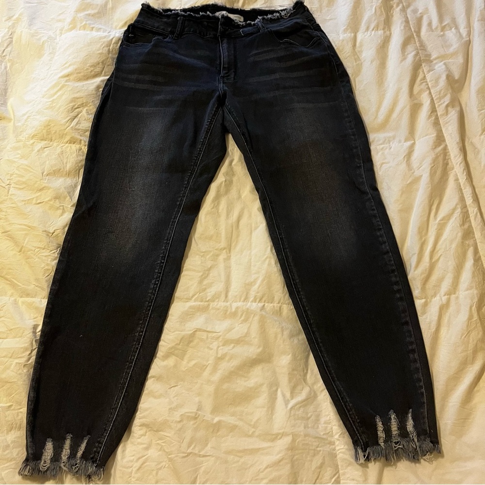 KanCan Black Ankle Cropped Jeans with Distressed Waist & Hem